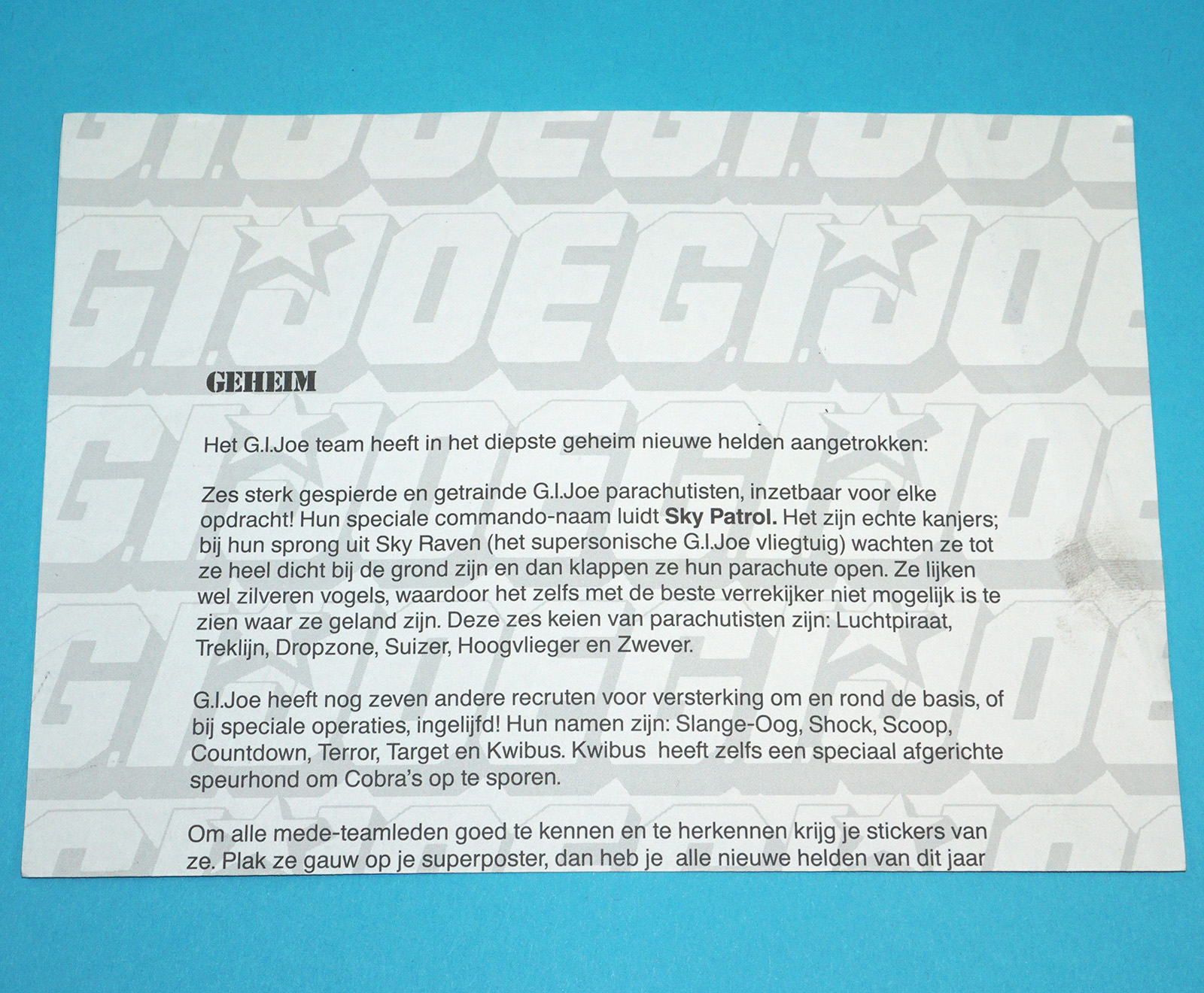 1990 GI JOE MAIL OFFER SKY PATROL LETTER BENELUX NL BE HASBRO