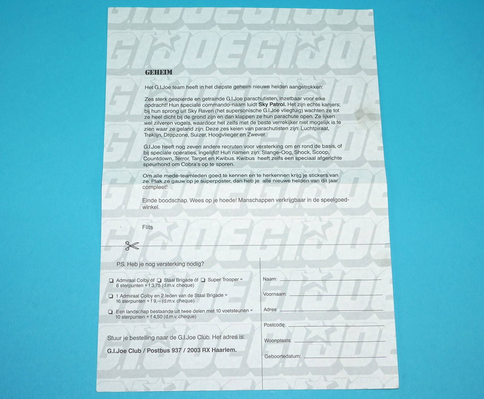 1990 GI JOE MAIL OFFER SKY PATROL LETTER BENELUX NL BE HASBRO - Image 2