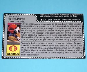 1987 GI JOE GYRO-VIPER v1 COBRA MAMBA PILOT UNCUT FILE CARD FILECARD US USA HASBRO