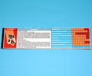 TRANSFORMERS G1 ACTION MASTERS JACKPOT TECH SPECS NL FR BENELUX EURO 1990 HASBRO