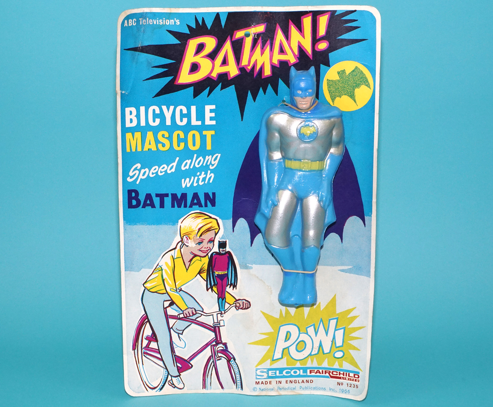 BATMAN BICYCLE MASCOT ORNAMENT MOC UK CARD 1966 SELCOL FAIRCHILD LTD READ - Image 2