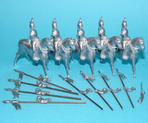 MOORVALE MODELS HOLLOWCAST UNPAINTED LEAD CASTING SOLDIERS MOUNTED LANCERS (5X) 1:32 SCALE BRITAINS TIMPO JOHILLCO