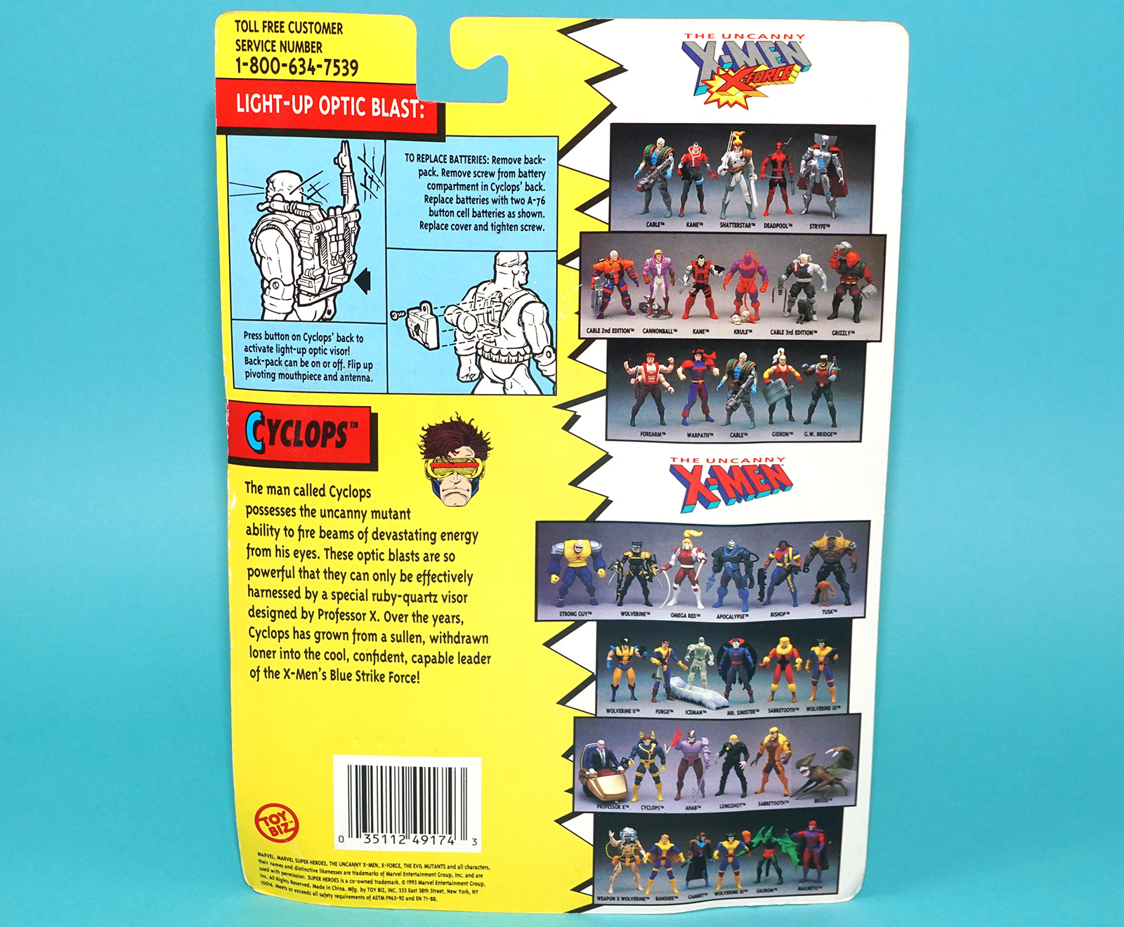 MARVEL X-MEN THE UNCANNY CYCLOPS LIGHT-UP OPTIC BLAST MOC MOSC US CARD 1993 TOY BIZ - Image 7