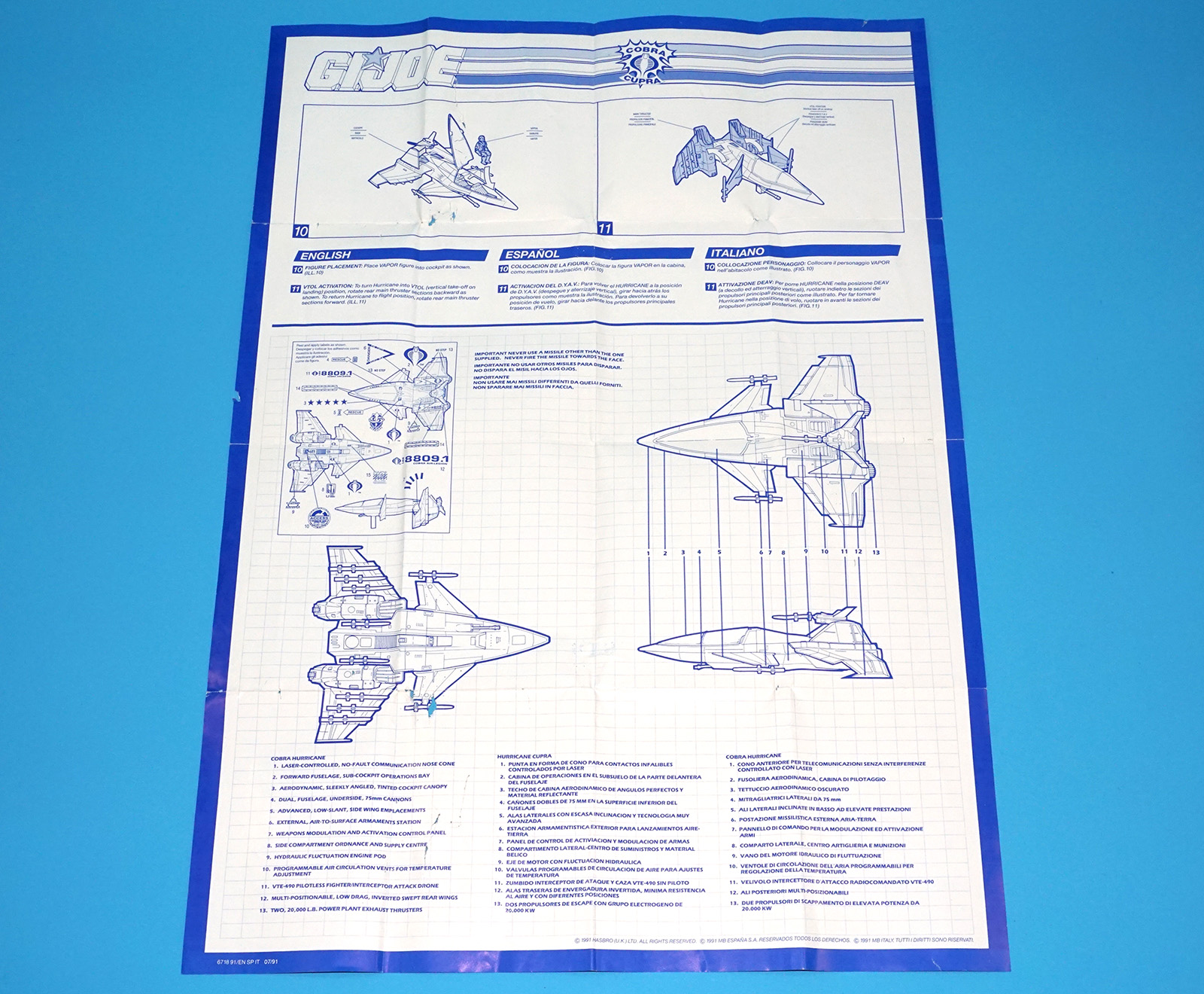 1990 GI JOE HURRICANE VTOL SPARE BLUEPRINT INSTRUCTIONS EN ES IT EURO HASBRO - Image 3
