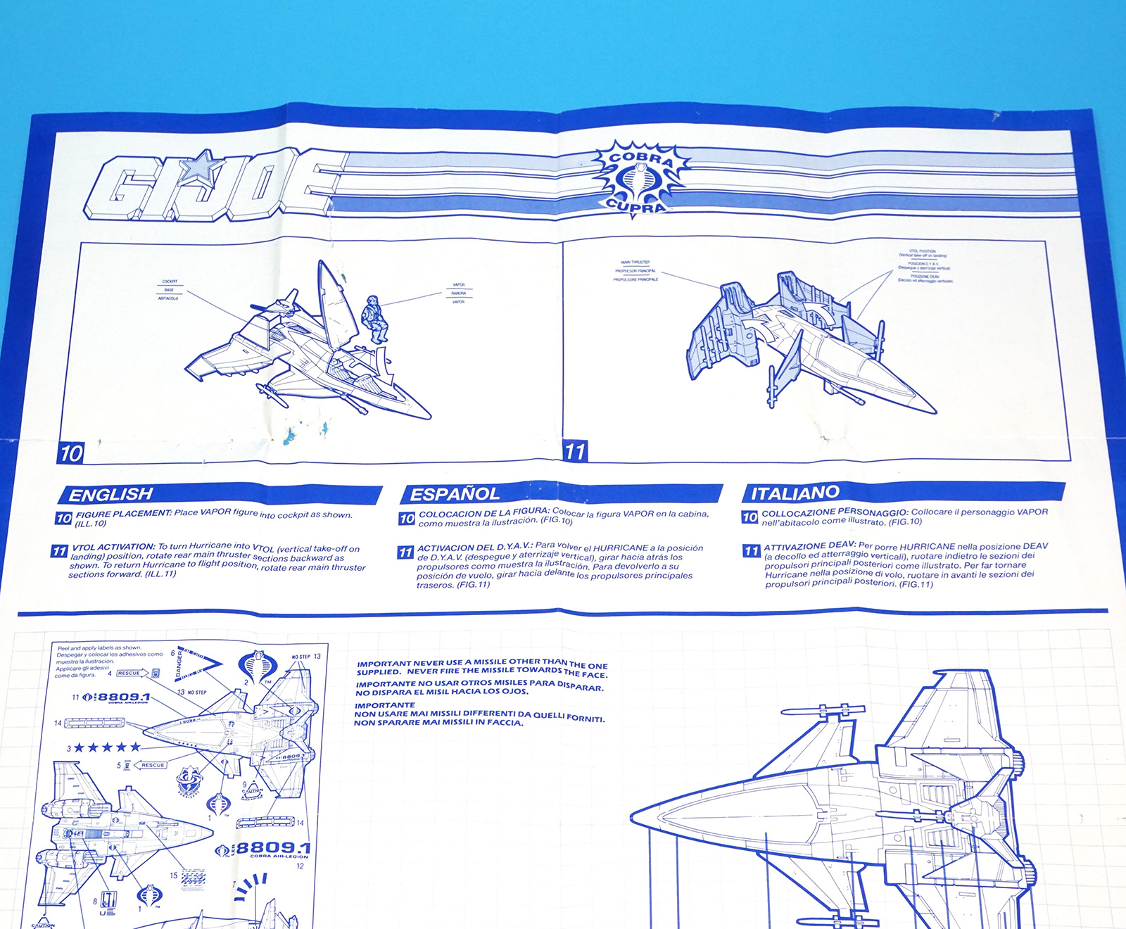1990 GI JOE HURRICANE VTOL SPARE BLUEPRINT INSTRUCTIONS EN ES IT EURO HASBRO - Image 4