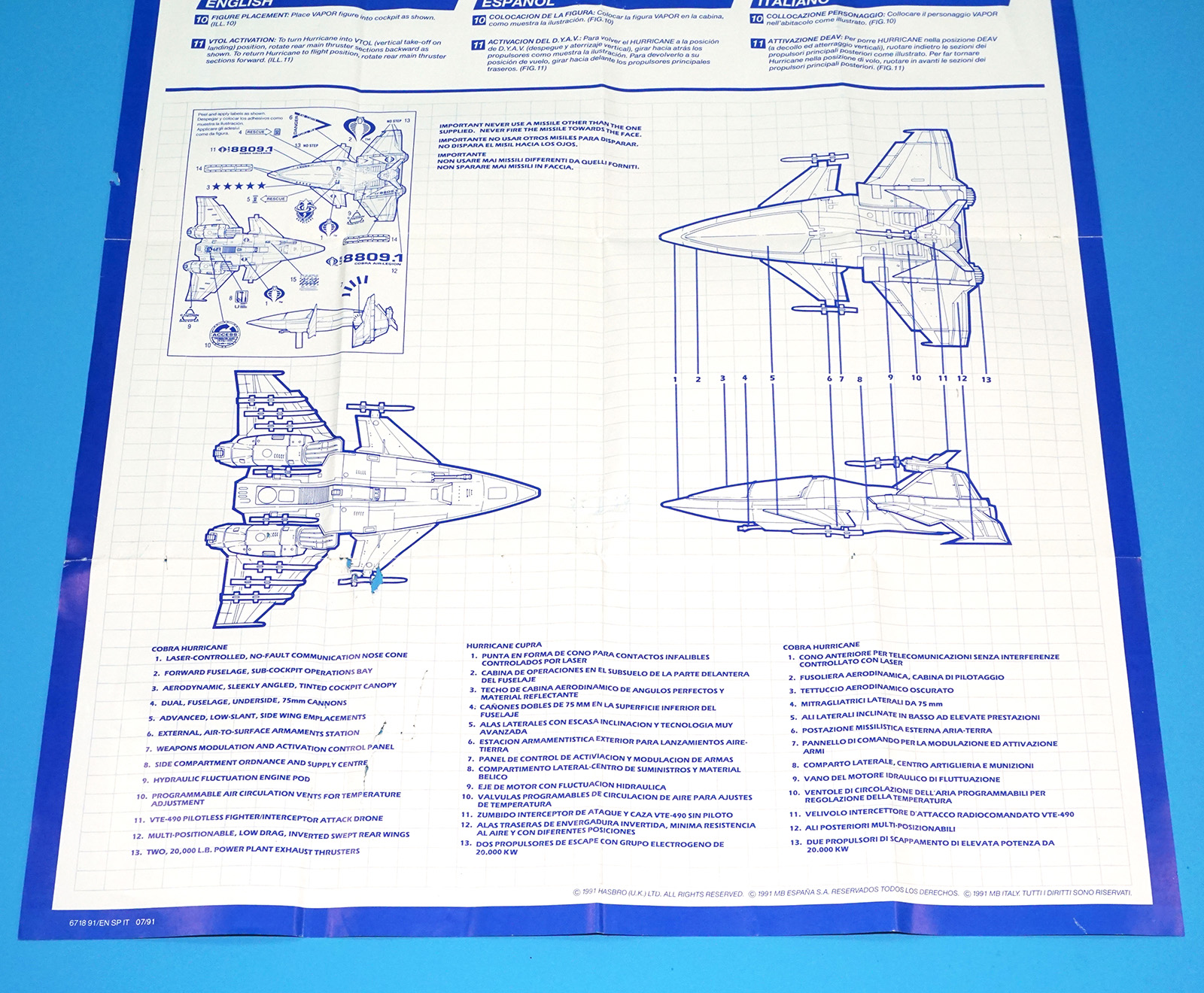 1990 GI JOE HURRICANE VTOL SPARE BLUEPRINT INSTRUCTIONS EN ES IT EURO HASBRO - Image 5
