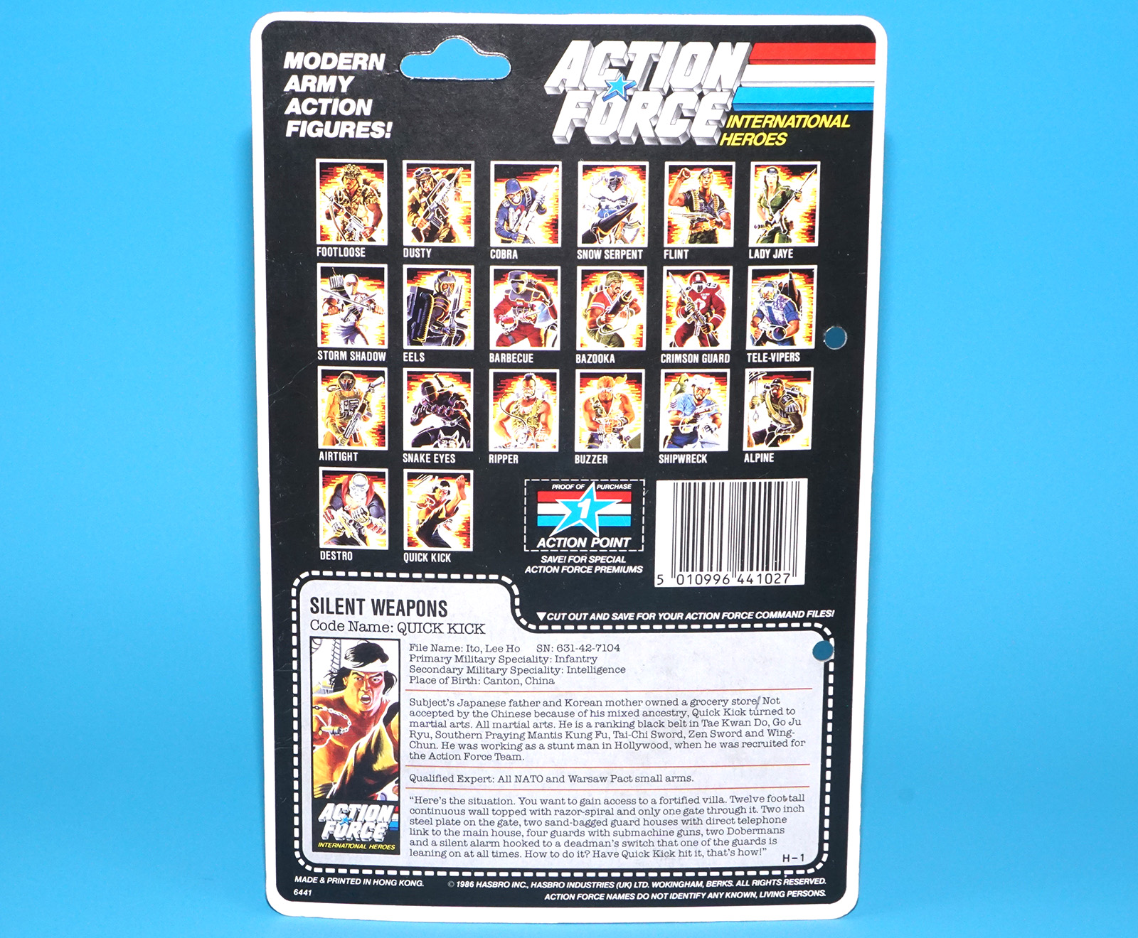 1985 GI JOE QUICK KICK v1 CARDBACK UNCUT FILE CARD ACTION FORCE UK 1986 HASBRO - Image 2
