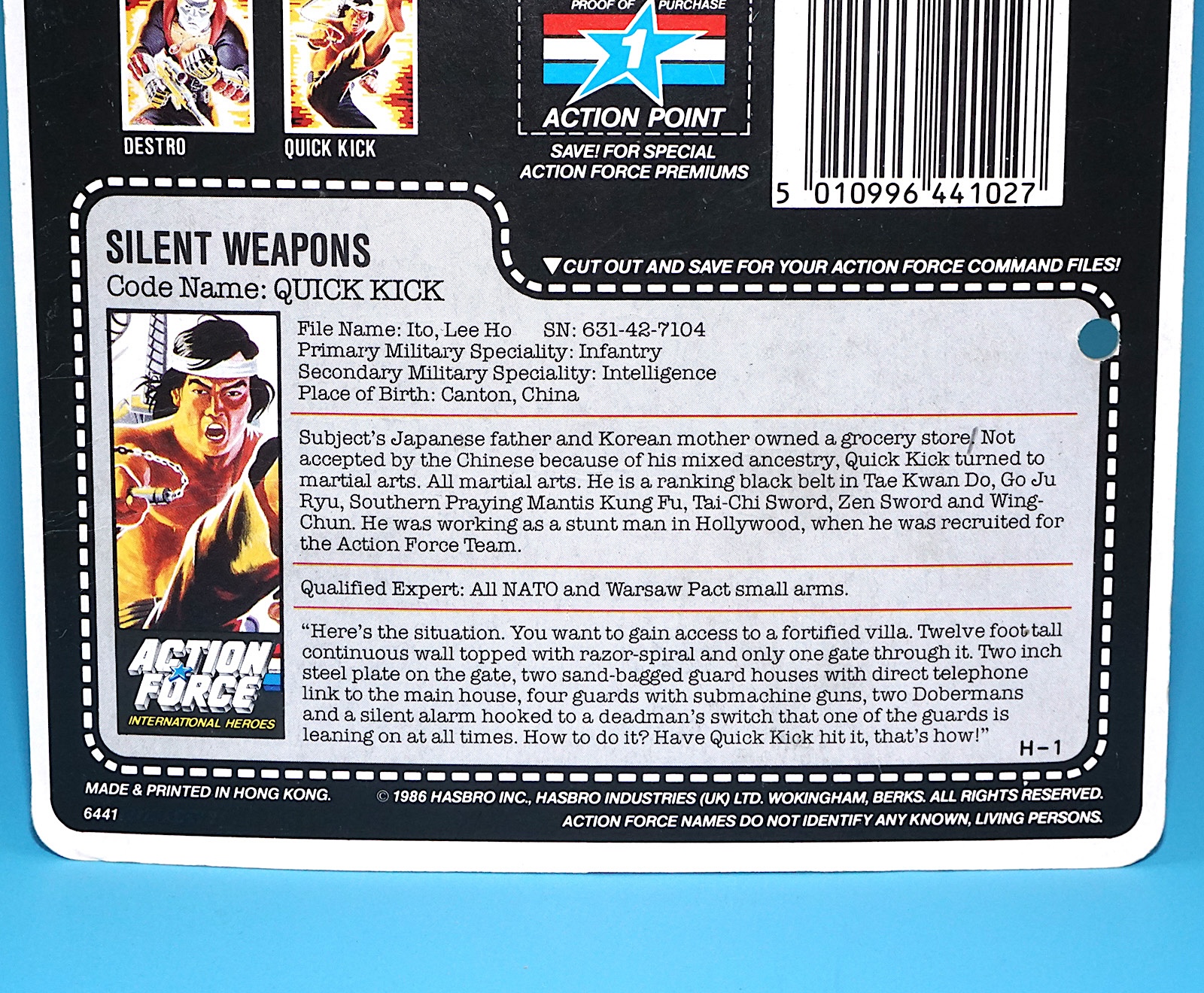 1985 GI JOE QUICK KICK v1 CARDBACK UNCUT FILE CARD ACTION FORCE UK 1986 HASBRO - Image 3