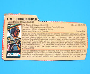 1985 GI JOE CRANKCASE v1 A.W.E. STRIKER DRIVER FILE CARD FILECARD US USA HASBRO