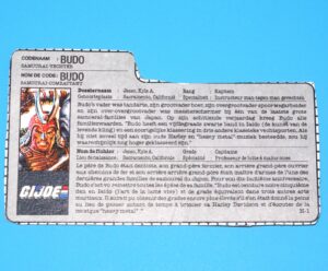 1988 GI JOE BUDO v1 FILE CARD FILECARD NL DUTCH HASBRO