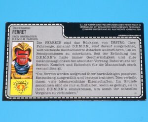 1988 GI JOE FERRET v1 D.E.M.O.N. DRIVER UNCUT FILE CARD DE GERMAN HASBRO
