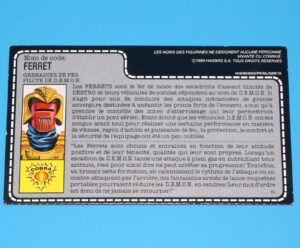1988 GI JOE FERRET v1 D.E.M.O.N. DRIVER UNCUT FILE CARD FR FRENCH HASBRO