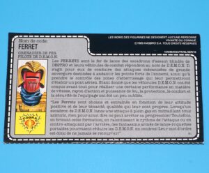1988 GI JOE FERRET v1 D.E.M.O.N. DRIVER UNCUT FILE CARD FR FRENCH HASBRO