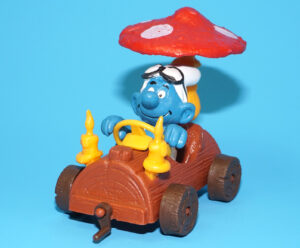 SMURFS 40232 SUPER SMURF LOG CAR 100% COMPLETE W. GERMANY COO RED DOT 1983 SCHLEICH