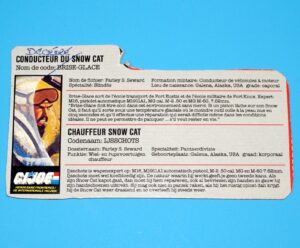 1985 GI JOE FROSTBITE v1 SNOW CAT DRIVER FILE CARD FILECARD NL DUTCH HASBRO