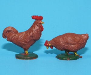 MODEL FIGURES FARM SERIES POULTRY COCK & HEN 1:32 SCALE 1960 REISLER DENMARK TIMPO BRITAINS ELASTOLIN