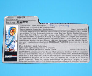 1990 GI JOE SUB-ZERO v1 FILE CARD FILECARD NL FR BENELUX HASBRO