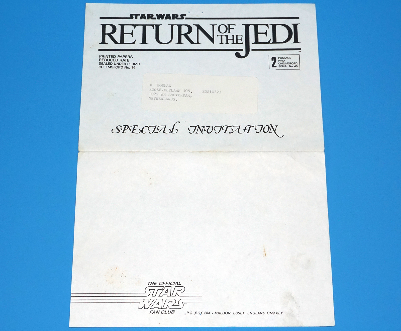 STAR WARS OFFICIAL FAN CLUB 1983 SPECIAL TRIPLE BILL TRILOGY INVITATION - Image 3