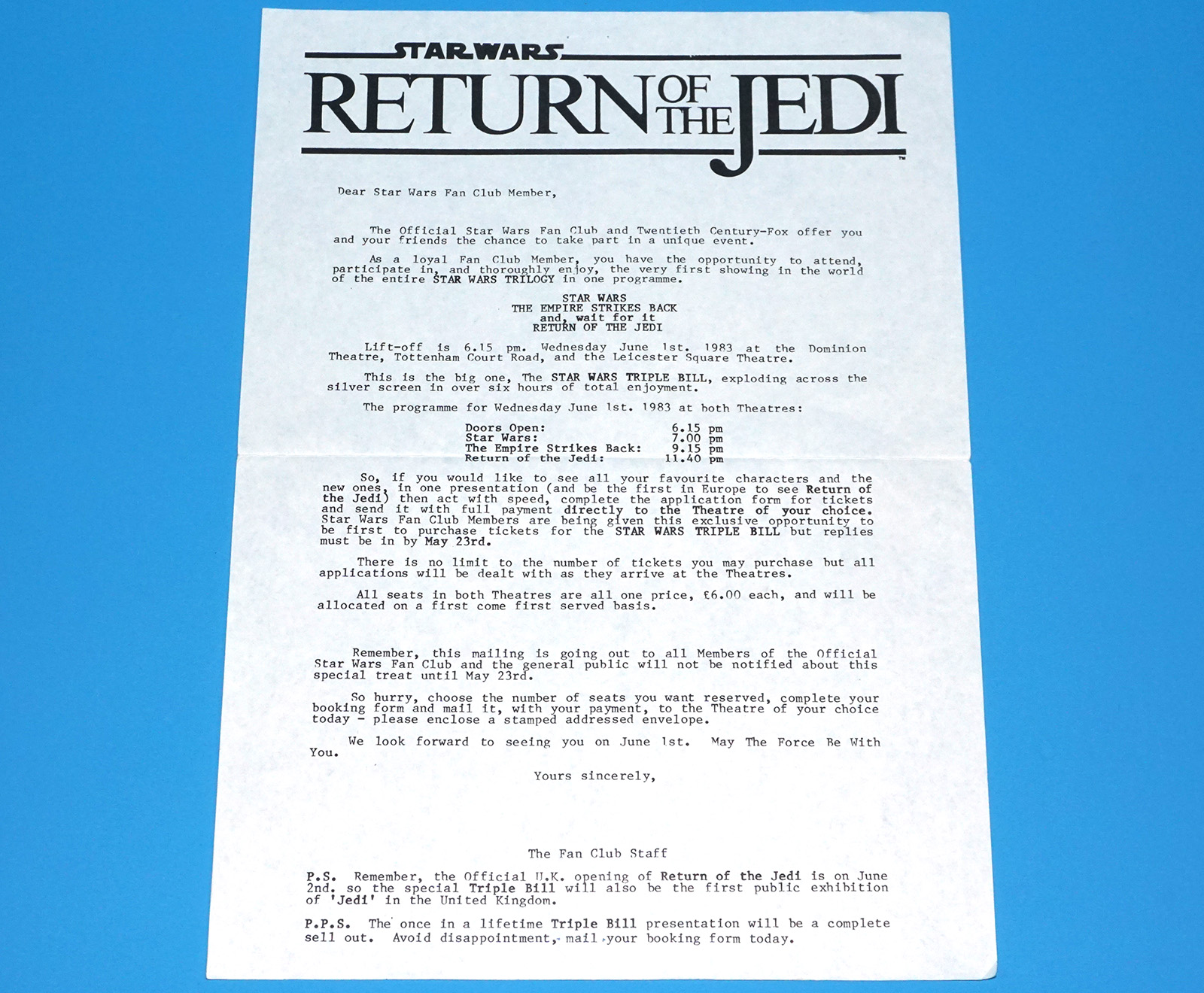 STAR WARS OFFICIAL FAN CLUB 1983 SPECIAL TRIPLE BILL TRILOGY INVITATION - Image 4