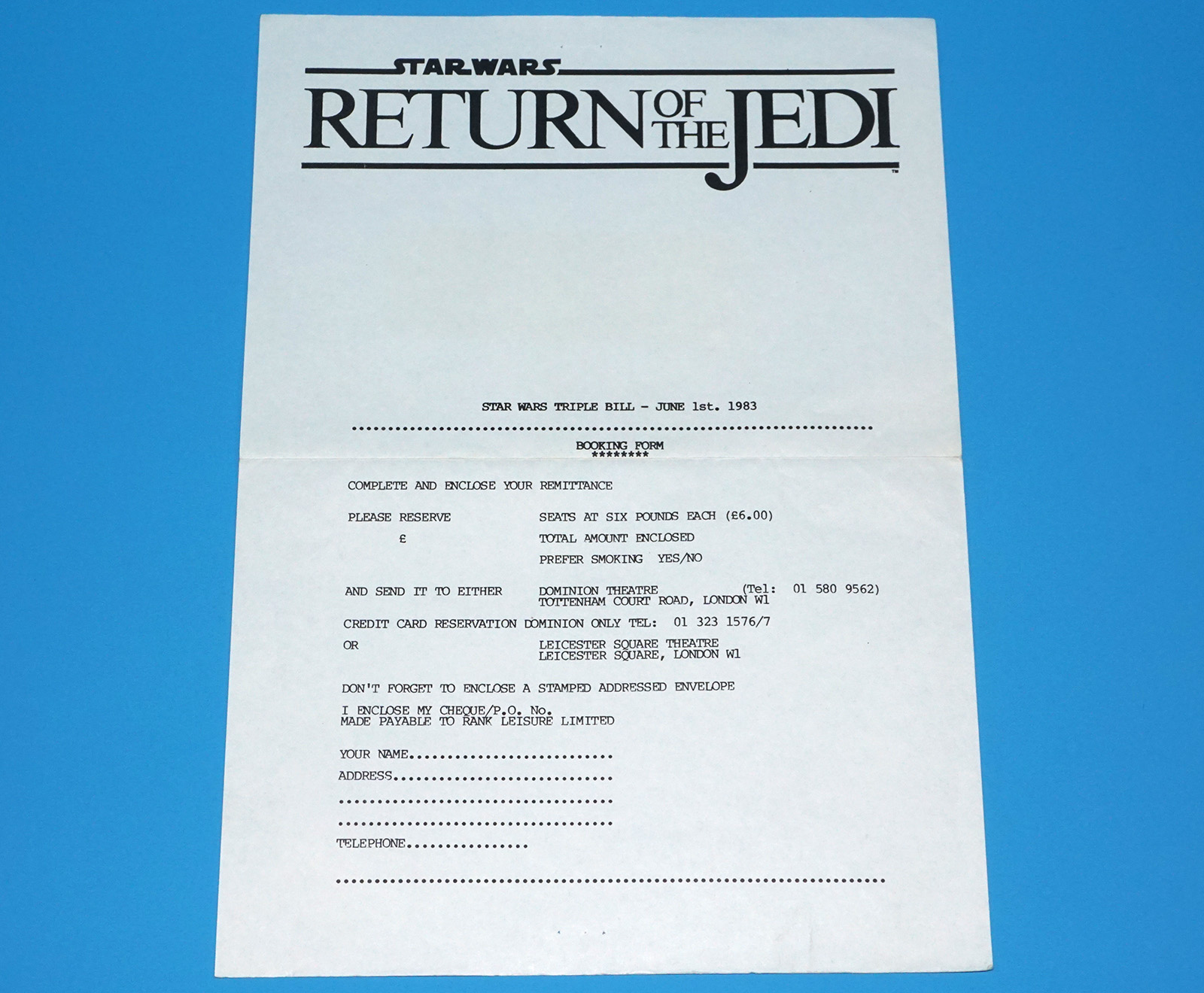 STAR WARS OFFICIAL FAN CLUB 1983 SPECIAL TRIPLE BILL TRILOGY INVITATION - Image 5