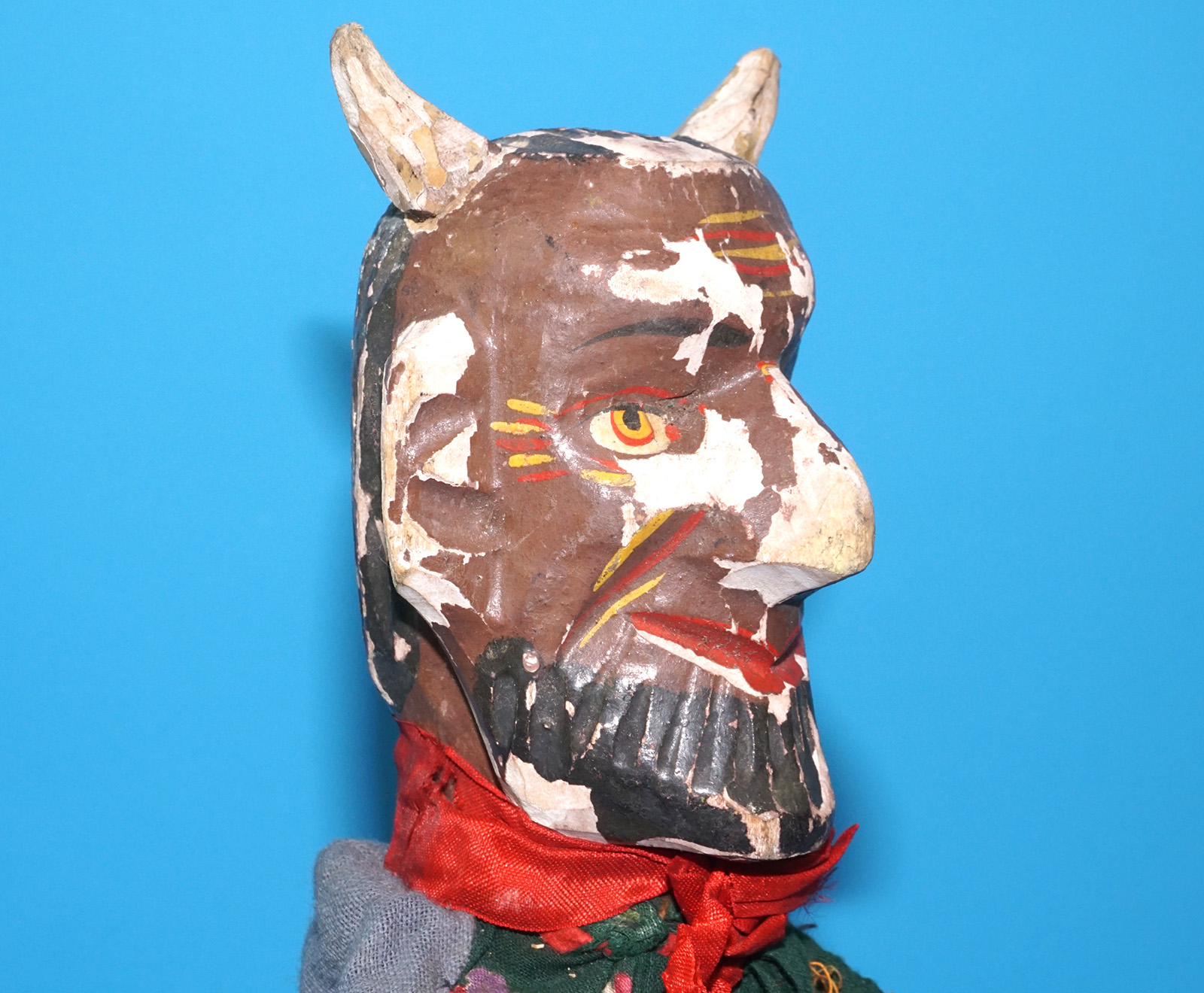 PUNCH & JUDY ANTIQUE HAND PUPPET DEMON DEVIL SATAN 1900s GERMANY SWISS WOOD PLASTER HEAD - Image 3
