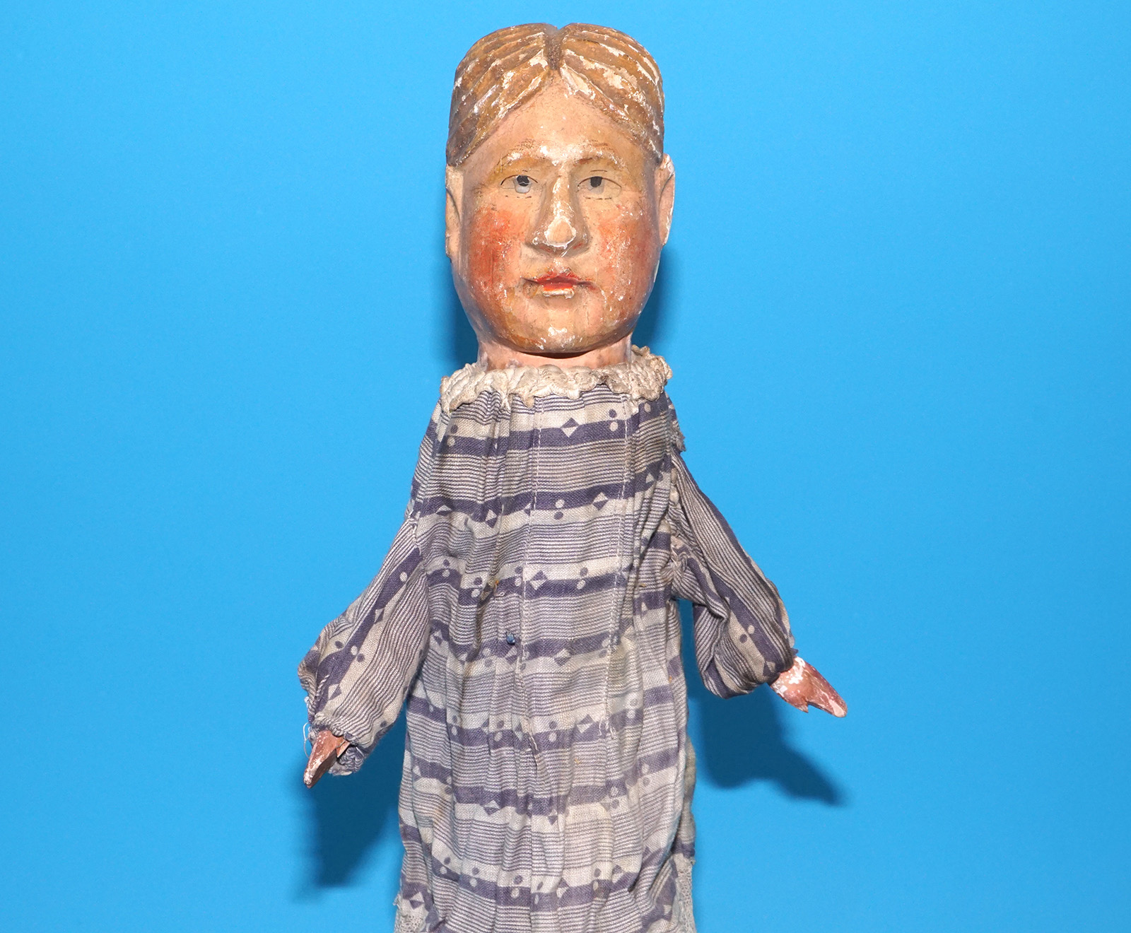 PUNCH & JUDY ANTIQUE HAND PUPPET LADY 1900s GERMANY SWISS WOOD PLASTER HEAD - Image 3