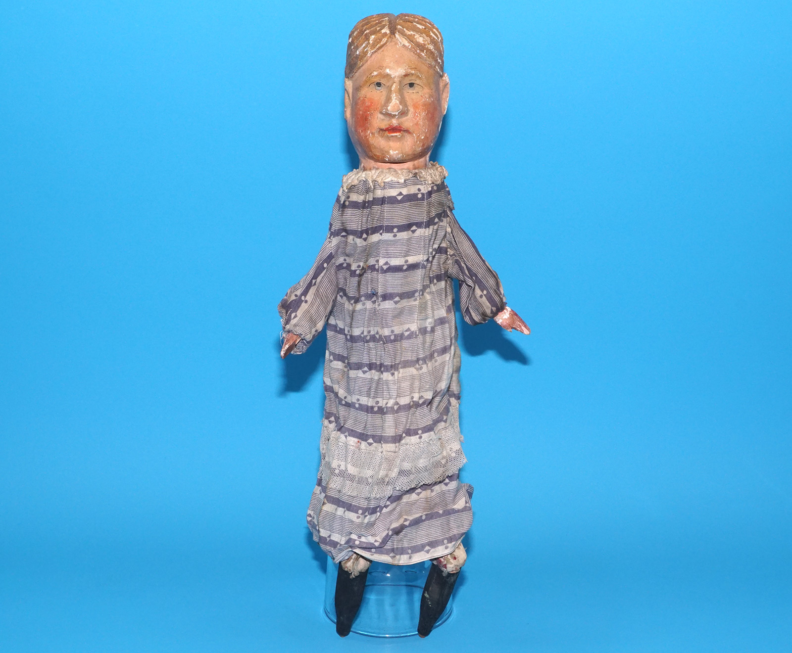 PUNCH & JUDY ANTIQUE HAND PUPPET LADY 1900s GERMANY SWISS WOOD PLASTER HEAD - Image 4