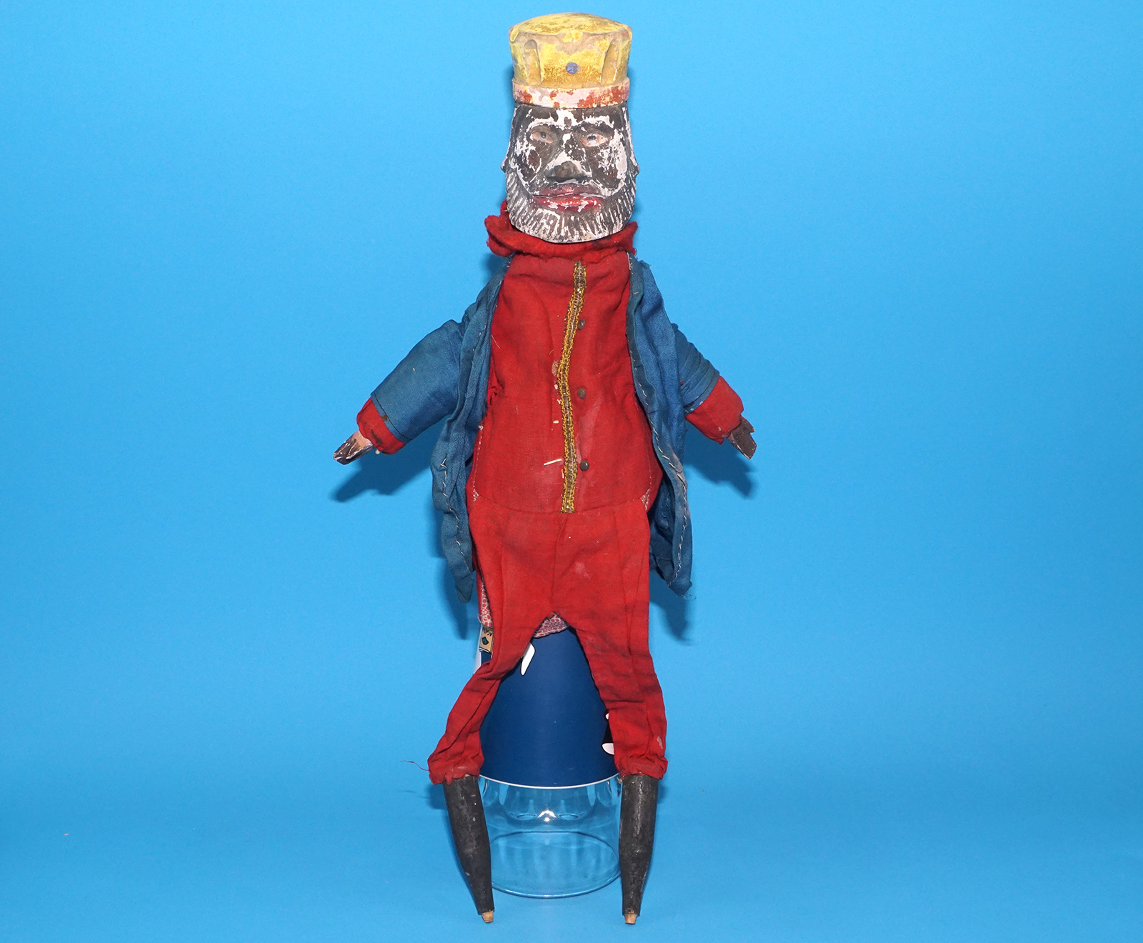 PUNCH & JUDY ANTIQUE HAND PUPPET KING OF AFRICA 1900s GERMANY SWISS WOOD PLASTER HEAD - Image 4
