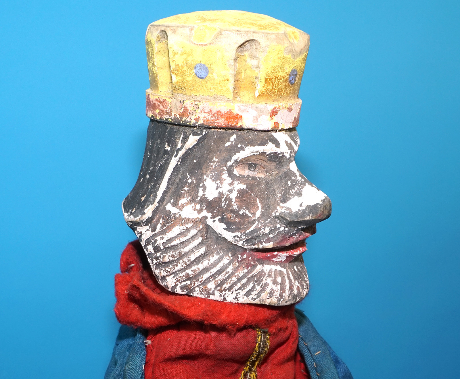 PUNCH & JUDY ANTIQUE HAND PUPPET KING OF AFRICA 1900s GERMANY SWISS WOOD PLASTER HEAD - Image 5