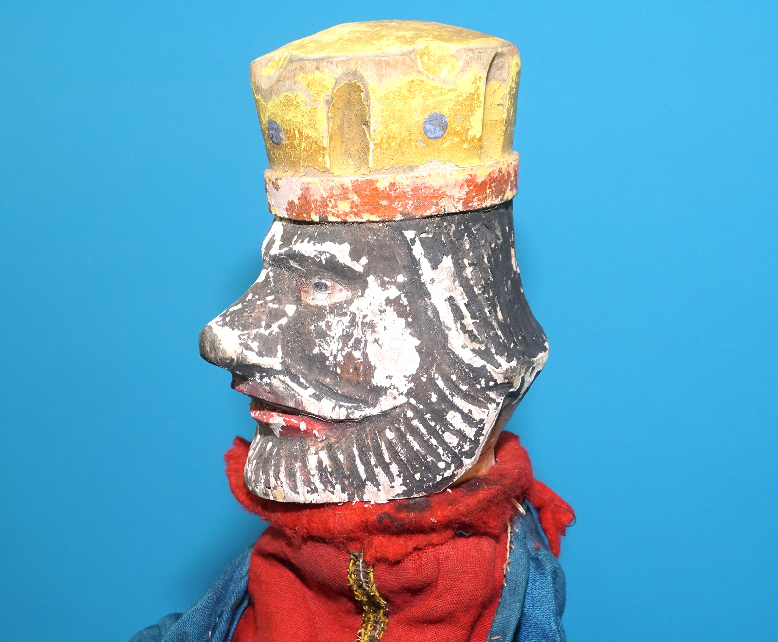 PUNCH & JUDY ANTIQUE HAND PUPPET KING OF AFRICA 1900s GERMANY SWISS WOOD PLASTER HEAD - Image 6