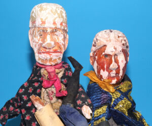 PUNCH & JUDY ANTIQUE HAND PUPPET LADY & TRADESMAN FOR SPARES OR REPAIR 1900s GERMANY SWISS WOOD PLASTER HEAD