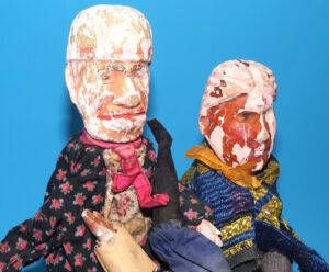 PUNCH & JUDY ANTIQUE HAND PUPPET LADY & TRADESMAN FOR SPARES OR REPAIR 1900s GERMANY SWISS WOOD PLASTER HEAD