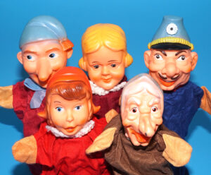 PUNCH & JUDY VINTAGE HAND PUPPET LOT (5) RED RIDING HOOD 1960s GERMANY RUBBER SOFT VINYL HEAD