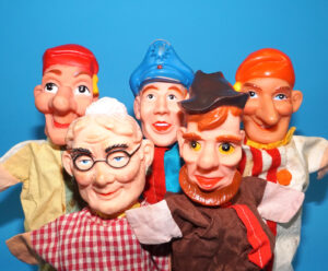 PUNCH & JUDY VINTAGE HAND PUPPET LOT (5) 1970s GERMANY RUBBER SOFT VINYL HEAD