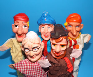 PUNCH & JUDY VINTAGE HAND PUPPET LOT (5) 1970s GERMANY RUBBER SOFT VINYL HEAD