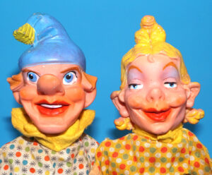 PUNCH & JUDY VINTAGE HAND PUPPET LOT (2) PUNCH AND JUDY 1970s GERMANY RUBBER SOFT VINYL HEAD