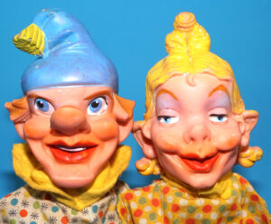 PUNCH & JUDY VINTAGE HAND PUPPET LOT (2) PUNCH AND JUDY 1970s GERMANY RUBBER SOFT VINYL HEAD