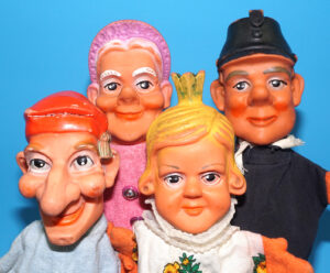 PUNCH & JUDY VINTAGE HAND PUPPET LOT (4) 1960s GERMANY RUBBER SOFT VINYL HEAD