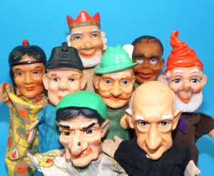 PUNCH & JUDY VINTAGE HAND PUPPET LOT (8) 1970s GERMANY RUBBER SOFT VINYL HEAD