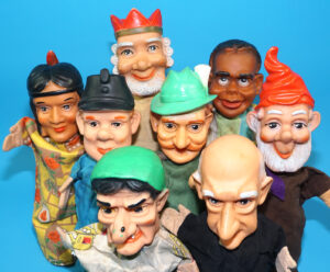 PUNCH & JUDY VINTAGE HAND PUPPET LOT (8) 1970s GERMANY RUBBER SOFT VINYL HEAD