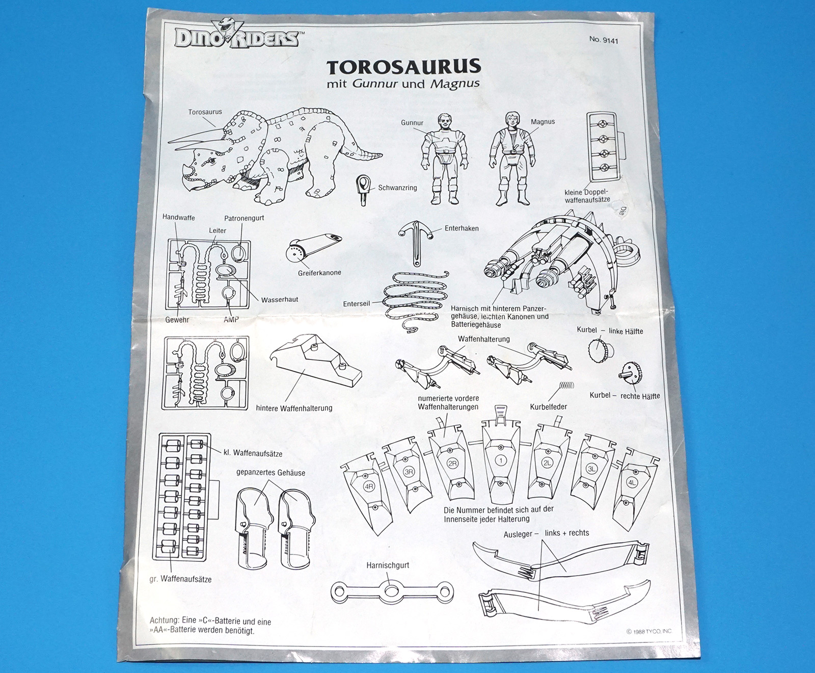 DINO RIDERS ORIGINAL INSTRUCTIONS MANUAL SHEET TOROSAURUS EURO GERMAN 1988 TYCO