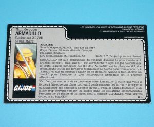 1988 GI JOE ARMADILLO v1 ROLLING THUNDER DRIVER UNCUT FILE CARD FILECARD FRENCH