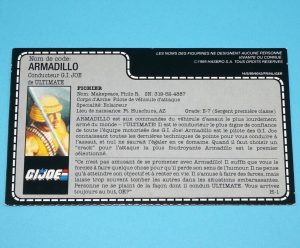 1988 GI JOE ARMADILLO v1 ROLLING THUNDER DRIVER UNCUT FILE CARD FILECARD FRENCH