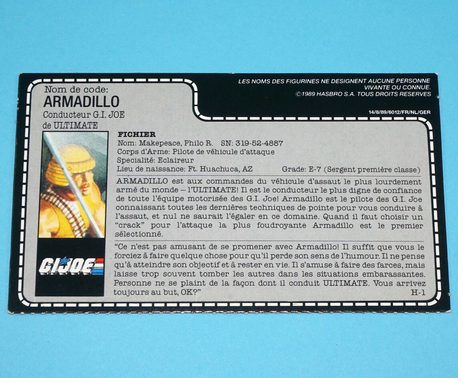 1988 GI JOE ARMADILLO v1 ROLLING THUNDER DRIVER UNCUT FILE CARD FILECARD FRENCH