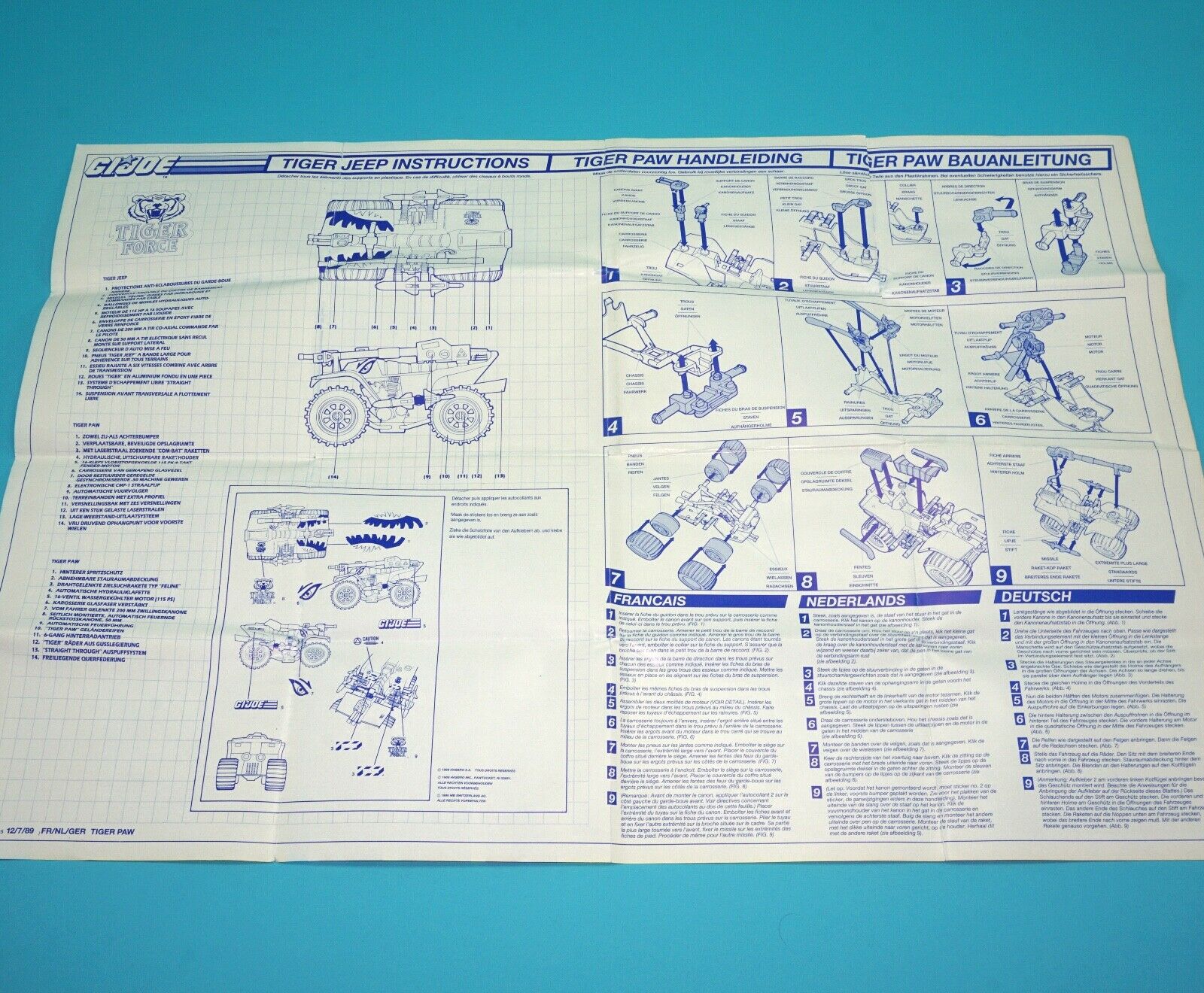 1988 GI JOE TIGER FORCE TIGER PAW SPARE BLUEPRINT INSTRUCTIONS NL FR GER EURO - Image 3