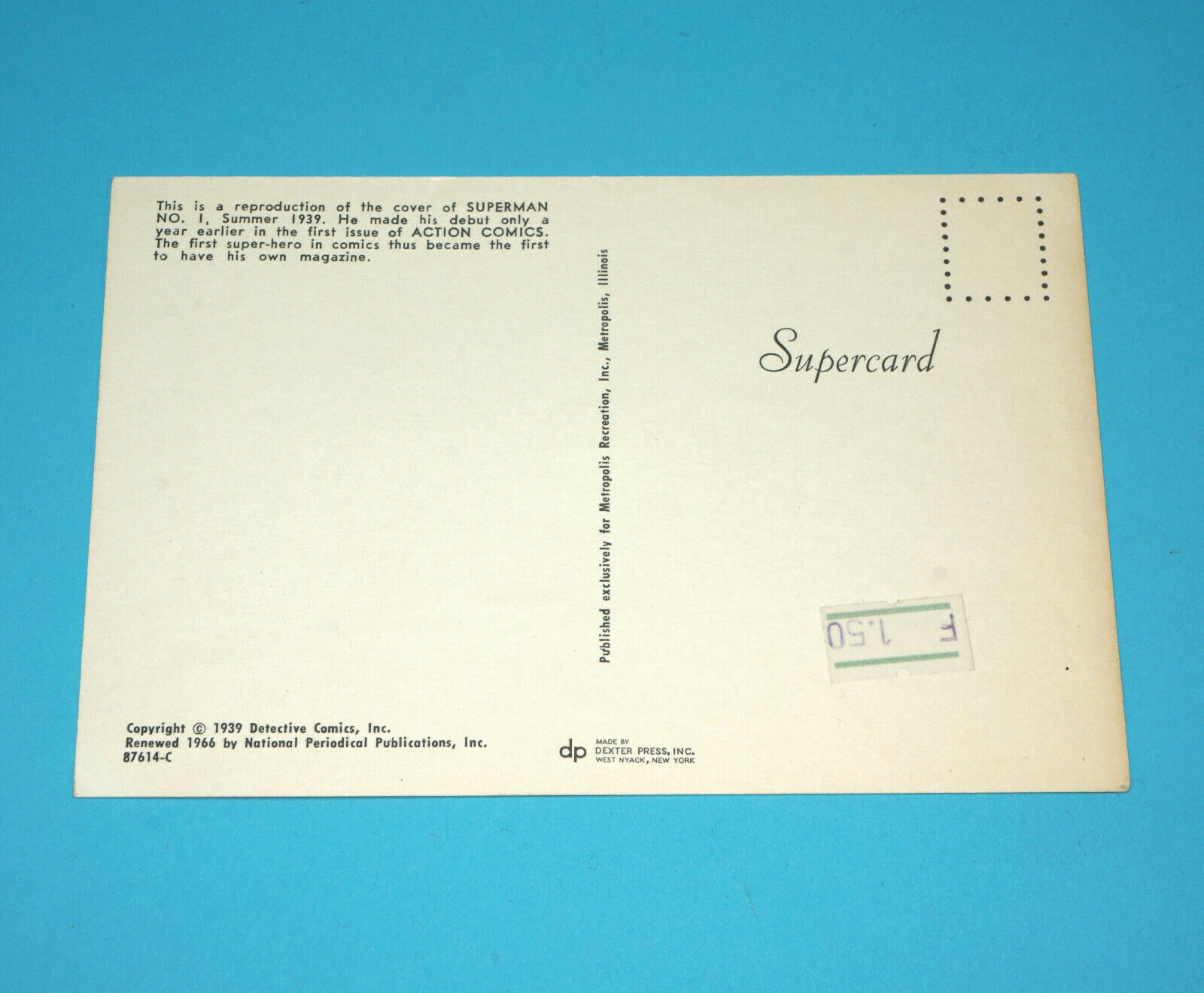 SUPERMAN SUPERCARD POSTCARD 'FIRST ISSUE ACTION COMICS' 1966 DEXTER PRESS - Image 2