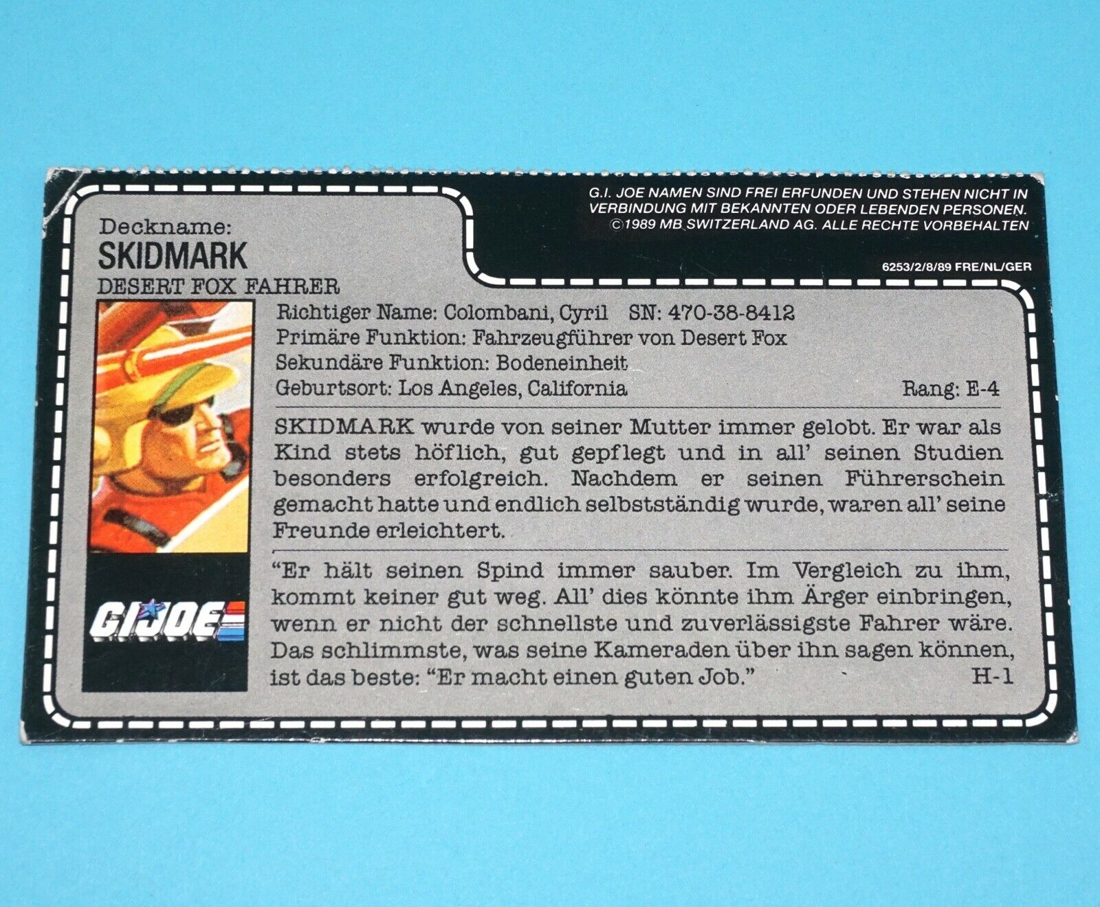 1988 GI JOE SKIDMARK v1 DESERT FOX DRIVER UNCUT FILE CARD FILECARD GER GERMAN EURO HASBRO