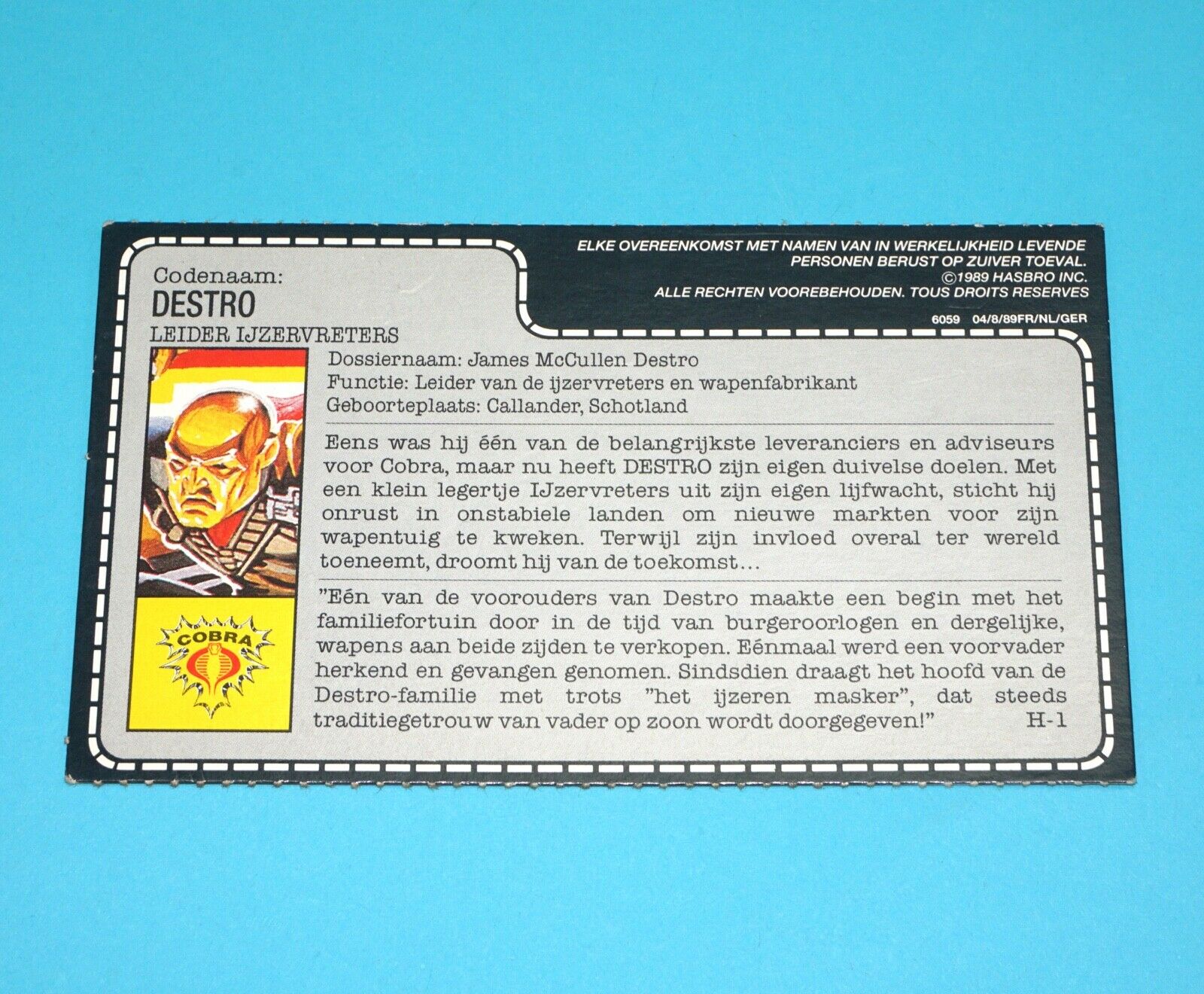 1988 GI JOE DESTRO v2 DESPOILER DRIVER UNCUT FILE CARD NL DUTCH EURO HASBRO